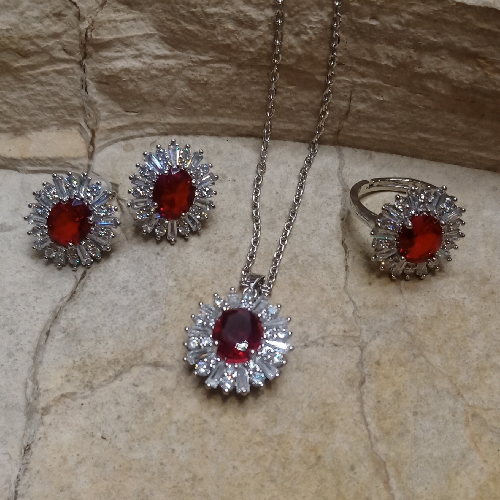 Rhodium Plated Red CZ Jewelry Set